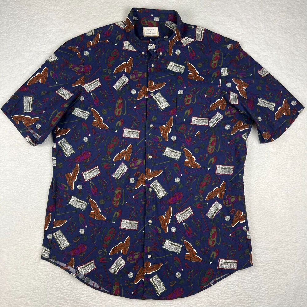 Vtg Shirt Mens Large Novelty Golf Print Short Sleeve Button-Up Taylor Made Style